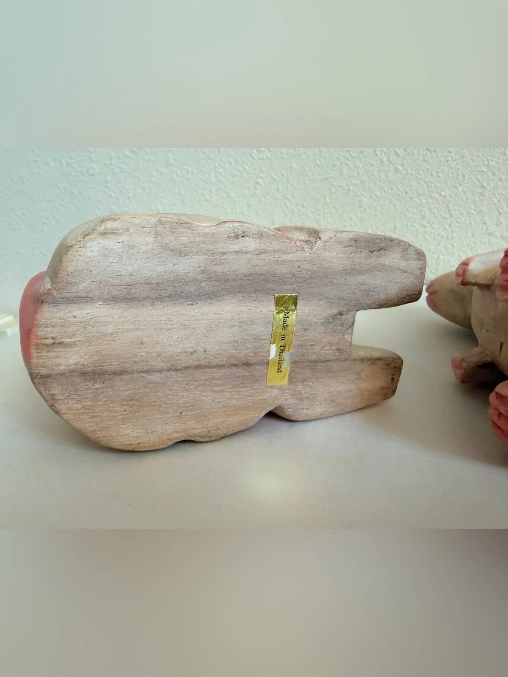 Vintage Thai Wooden Rabbit Hare Figurines Pair Hand Carved Painted 1980s 1990s